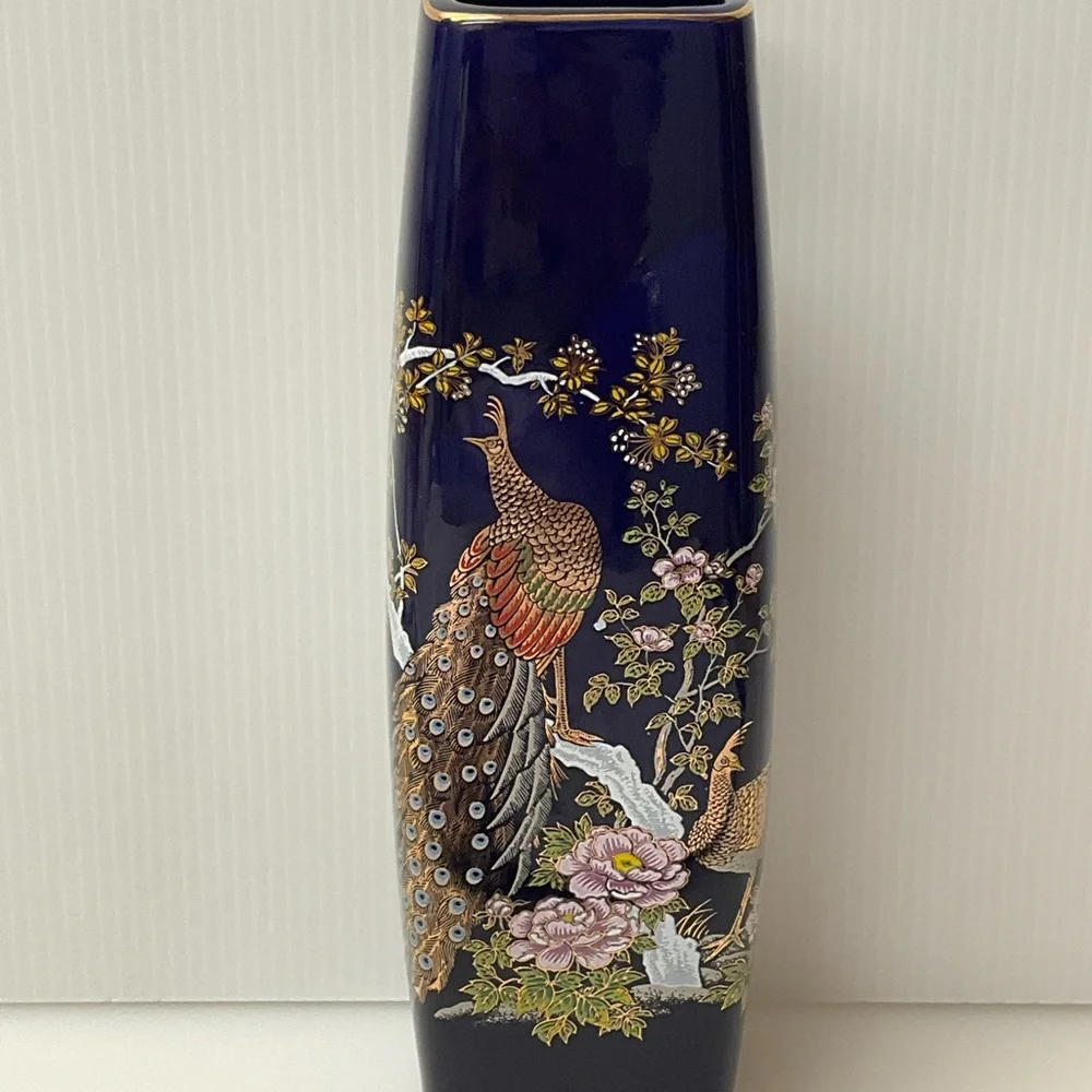 VINTAGE Asian Japanese Vase Peacocks Floral Square Mouth Base Cobalt Blue